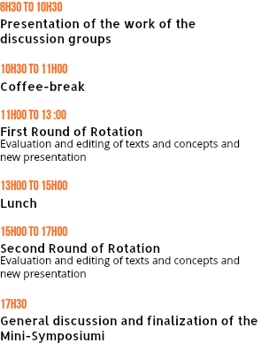 8H30 TO 10H30  Presentation of the work of the  discussion groups 10H30 TO 11H00 Coffee-break 11h00 TO 13 :00 First Round of Rotation
Evaluation and editing of texts and concepts and  new presentation 13h00 TO 15h00
Lunch 15h00 TO 17h00 Second Round of Rotation Evaluation and editing of texts and concepts and  new presentation 17h30 General discussion and finalization of the Mini-Symposiumi